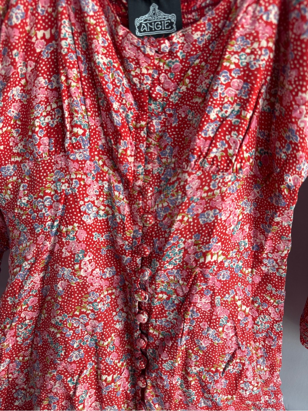 Angie Floral Mini Dress Red Cottagecore Puff Sleeve Smocked Back Size Medium